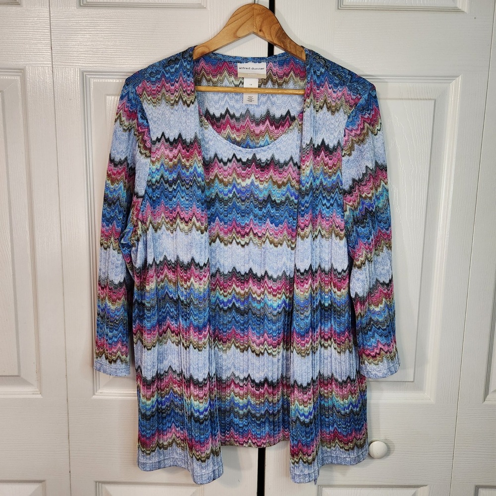 Alfred Dunner Blue Pink Chevron Zigzag 2 In 1 Cardigan Shell 1X Colorful Knit
